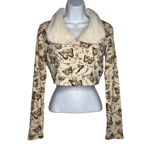 Dolls Kill Bratz Butterfly Crop Cardigan Sweater Cream Faux Fur Collar - Picture 1 of 8
